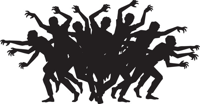 A large crowd of zombie men silhouettes vector illustration on transparent background, lunging and grabbing, great for horror themes.
