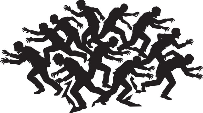 A group of zombie men silhouettes vector illustration on transparent background, running and attacking, perfect for horror or halloween designs.