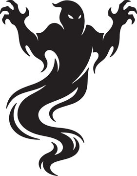 Black silhouette of spooky ghost with raised arms and flowing tail isolated on transparent background for halloween party graphic design elements.