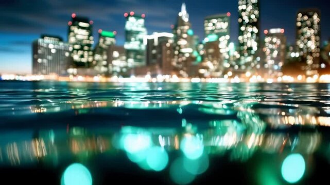 Cityscape reflections: blurred lights over calm water at night