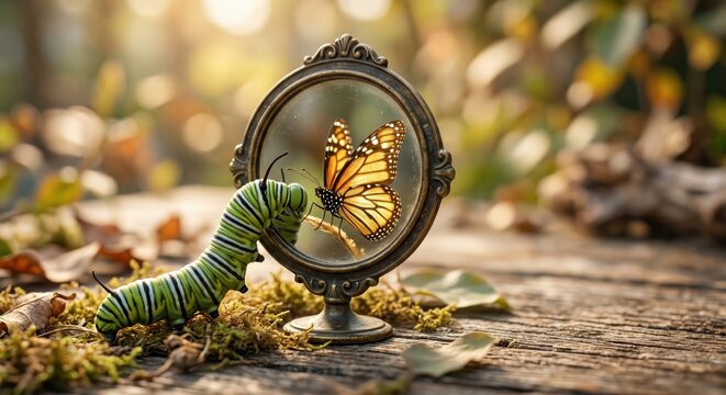 Surreal transformation concept with caterpillar looking into mirror seeing butterfly