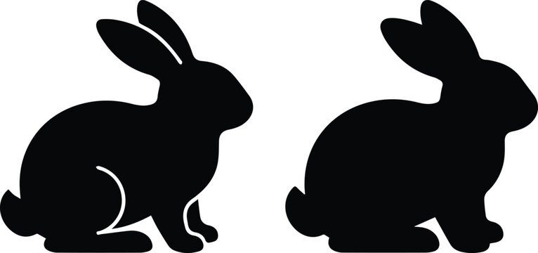 Minimalist rabbit silhouette vector set, black bunny profile icons for Easter designs, simple hare animal shapes isolated on white background