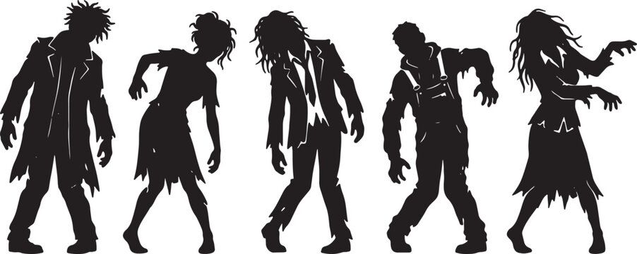 Set of walking zombie silhouettes in different poses and tattered clothes on transparent background for halloween character design and graphics.