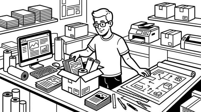 Small Business Owner Working with Plans and Packaging in a Store