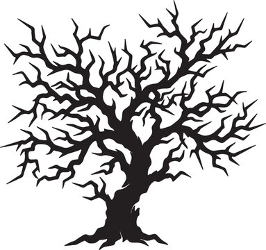 Silhouette of a stark dead tree with intricate branches against a stark background, representing winter, desolation, and nature's dormancy.