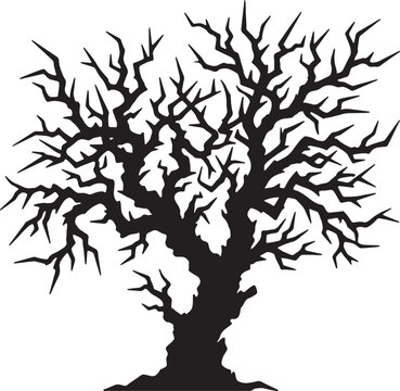 Silhouette of a stark dead tree with intricate branches against a stark background, representing winter, desolation, and nature's dormancy.