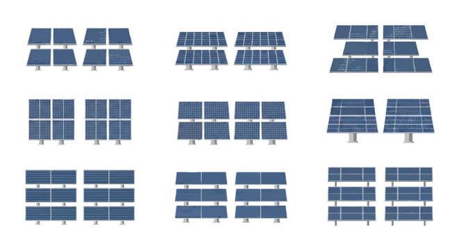 Set of flat blue solar panel icons for renewable green energy power systems illustration