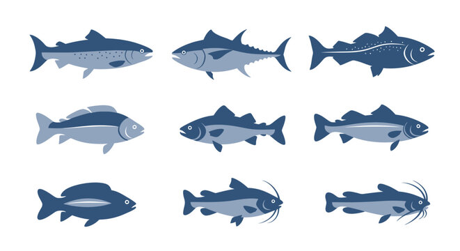 Vector illustration of blue fish silhouettes set including various marine and freshwater species like tuna, salmon, cod, and catfish