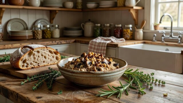 Mushroom walnut pate on kitchen counter with bread bowl and warm inviting food styling