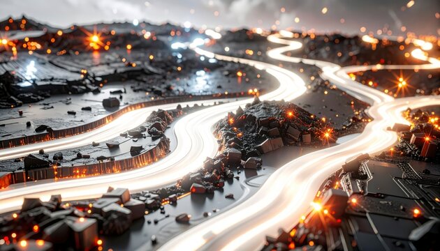 Flowing rivers of molten silica infused with pulsating light carving paths through a dark textured microchip terrain, depicting a cinematic futuristic circuit board under a dark night sky.