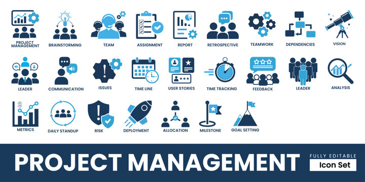 Project Management Solid Icon Set. Includes Planning, Task Management, Team Collaboration, Timeline, Agile Workflow, Scrum Board, Kanban Process, Budget Tracking, Risk Analysis, and Business Strategy 