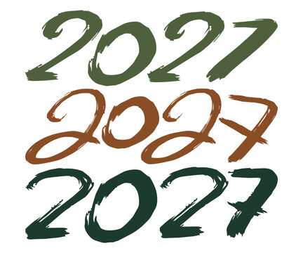 Happy New Year 2027 Typography Template Set, Hand Drawn Brush Stroke Numbers in Earthy Green and Brown Shades Isolated on White Background