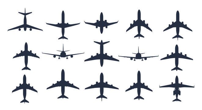 Set of airplane silhouettes in front and top view isolated on white background
