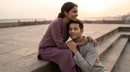 Fototapeta premium South Asian couple sharing a serene romantic hug on a vast stone terrace at sunrise, resting together in quiet trust while warm horizon light and minimalist heritage architecture frame the moment