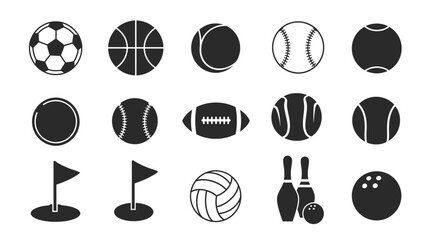 Fototapeta premium Collection of Sport Balls and Equipment Icons Basketball, Soccer, Tennis, Football, Volleyball, Golf, Bowling, and More for Sports and Recreation Graphics