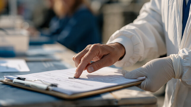 Close-up of a participant's hand pressing an ink fingerprint onto a bone marrow registry consent card, a gloved nurse steadying the card on a clipboard, registration table items