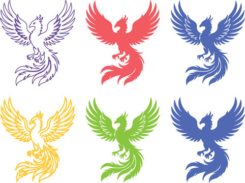 Phoenix bird silhouette icons set, mythical firebird logo collection in multiple colors, 6 vector phoenix illustrations for branding and gaming