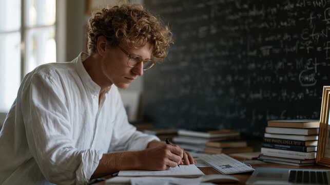 AI safety theorist writing alignment constraint equations on chalkboard in cluttered academic office, framed philosophy texts stacked beside keyboard, existential risk seminar