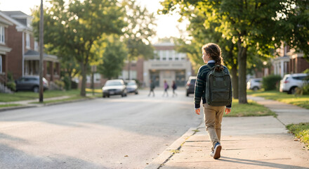 Fototapeta premium Walking to school. Elementary student with backpack walking on sidewalk to campus building photo