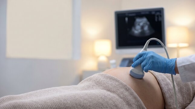 Gloved clinician performing prenatal ultrasound on pregnant abdomen, close-up obstetric scan with fetal image on monitor in warm maternity clinic.