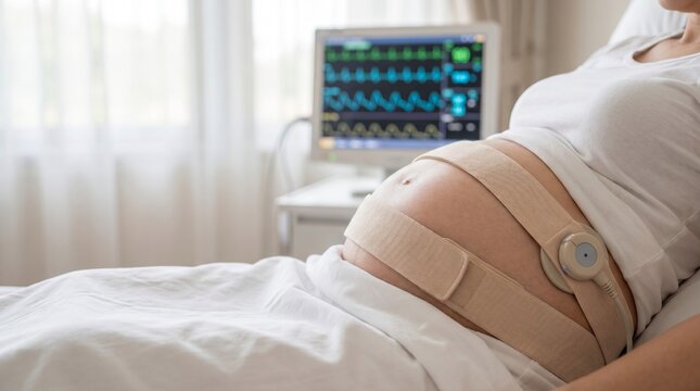 Pregnant woman undergoing fetal monitoring with cardiotocography belts on her belly and a medical monitor in a maternity hospital room.