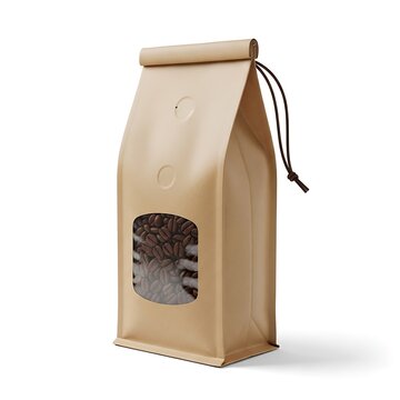 Tan paper coffee bag with a clear window showing roasted coffee beans, isolated on a white background, with a side, string tie closure