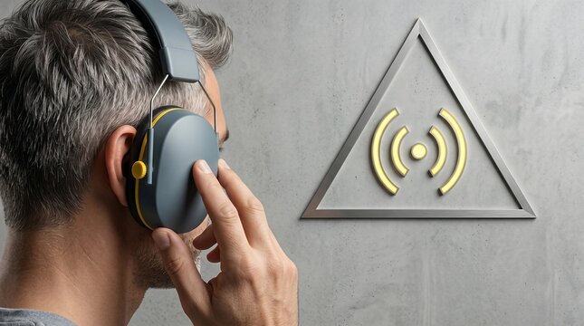 Man wearing protective industrial ear muffs beside a glowing hazard warning symbol on a concrete wall representing safety