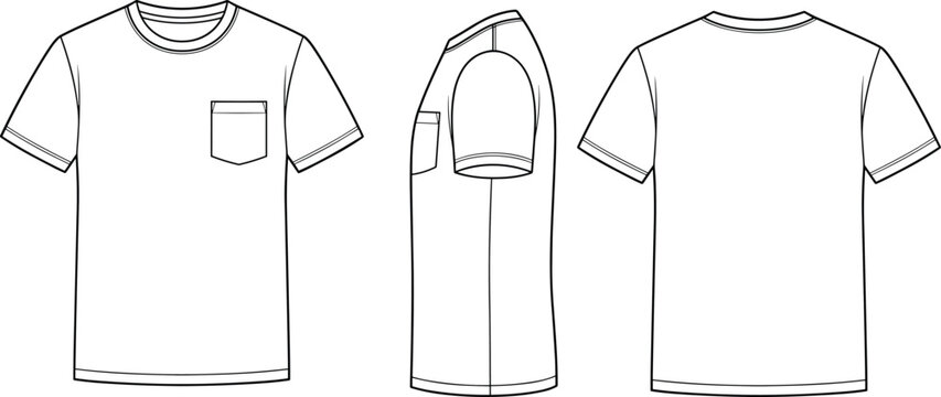Short sleeve crewneck pocket t shirt technical vector sketch template showing front side and back views for fashion mockups