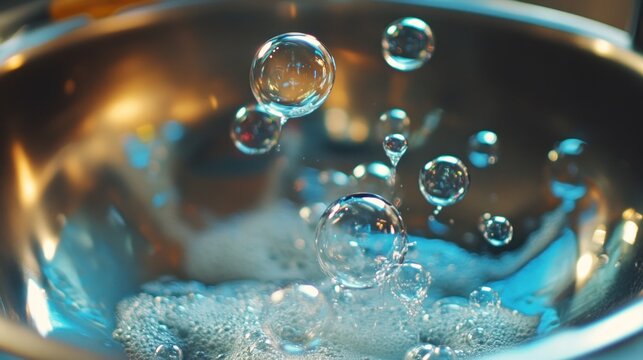 Bubbles rising in a stainless steel bowl filled with soapy water