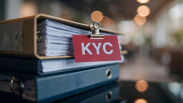 Closeup of stacked blue and brown binders with a red kyc label on a blurred office background