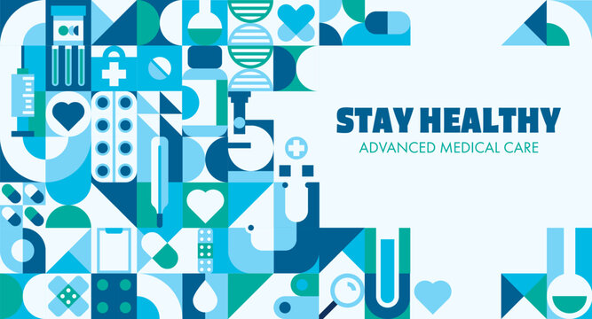 Medicine and health care banner with blue green geometric pattern featuring flask, test tube, pill, bandage and thermometer. Medical banner for healthcare websites, apps, posters and presentations