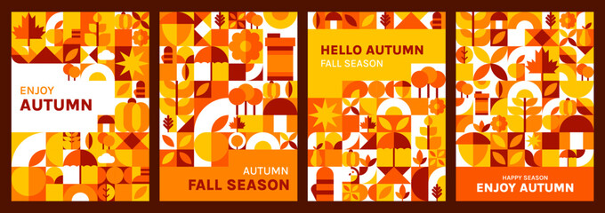 Hello autumn fall posters with seasonal geometric pattern of maple leaves and oak acorns. Autumn season and fall quotes with geometric mosaic pattern backgrounds with pumpkin and wheat or mushrooms © Buch&Bee