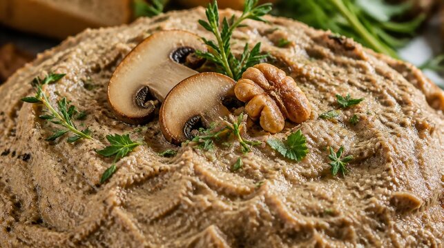 Mushroom walnut pate close up with swirled texture mushrooms herbs and creamy spread detail