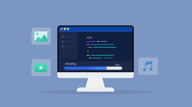 Animated flat vector illustration of a desktop monitor displaying software code with image, video, and audio media icons. Modern AI content generation, multimedia creation, and digital technology conc