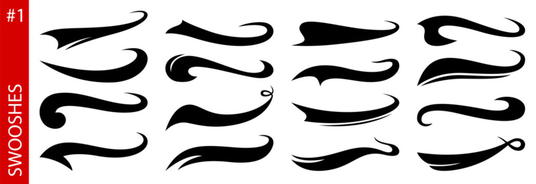 American sport swoosh and swash tails. Black shapes of curved brush strokes for baseball, or basketball dynamic motion underline ribbons. Calligraphic flourishes, decorative typography embellishment