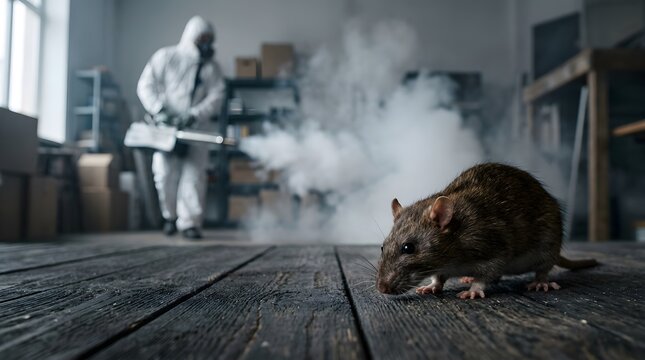 Pest control specialist in protective suit using fogging machine to exterminate rats in a warehouse