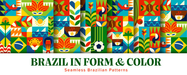 Brazil travel and vacation seamless patterns with geometric ornament. Vector Brazilian tile backgrounds with tropical animals, wildlife, coffee, soccer, sun and ocean waves, reflecting festive culture © Buch&Bee