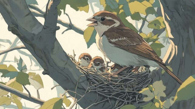 A sparrow with chirping young in a nest