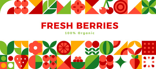 Ripe berries banner with geometric mosaic berry pattern background. Organic berry fruits geometric pattern of strawberry and cherry with watermelon and cranberry, orange and blackcurrant berries © Buch&Bee