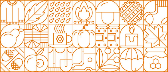 Autumn fall season geometric pattern abstract background, vector mosaic tile. Autumn pattern of fruit and vegetables farm harvest, sweater and rain umbrella with fireplace and fall acorn or maple leaf © Buch&Bee