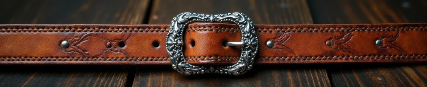 Handcrafted leather tooled belt with ornate silver buckle, silver, leathercraft