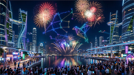 Obraz premium Futuristic city skyline illuminated by vibrant fireworks and a glowing drone light show display above the calm night harbor waters