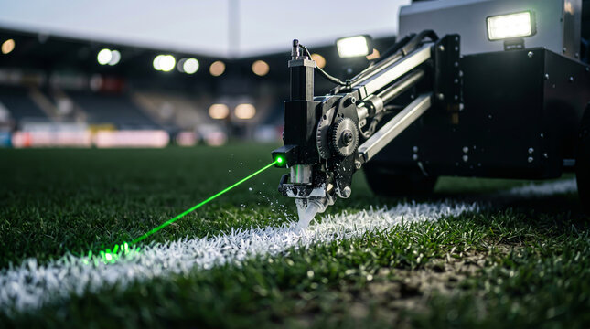 Green laser light guiding atomized white paint particles onto grass blades via a high-precision robotic arm for stadium pitch boundary marking.