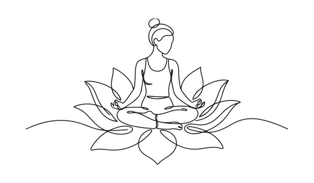 Mental health one line art design editable Meditation buddha sitting on a lotus flower in peaceful pose isolated on transparent background