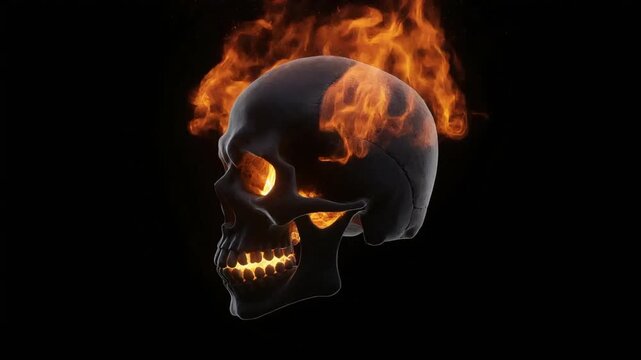 Skull burning with intense fire motion animation isolated on black background for digital media projects and dark fantasy video effects