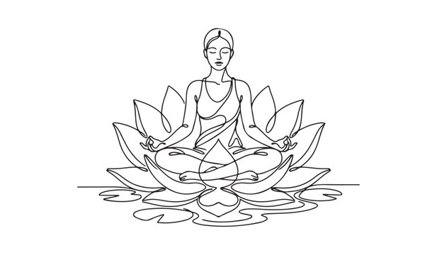 Mental health one line art design editable Meditation buddha sitting on a lotus flower in peaceful pose isolated on transparent background