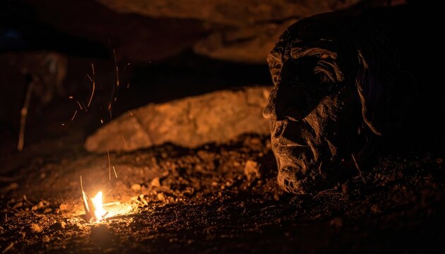 Warm glowing embers casting subtle light on dark unrefined textures in a natural, earthy setting