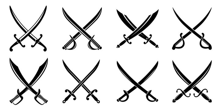 Pirate sabers and swords icons, corsair battle blades and sailor daggers. Crossed pirate weapon silhouettes with curved cutlasses, sharp daggers, and broadswords. Black vector weapon heraldry