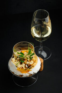 Refined Sweet Display. Sophisticated Dessert With Toppings. Classy Creamy Treat Decorated With Garnishes And Wine