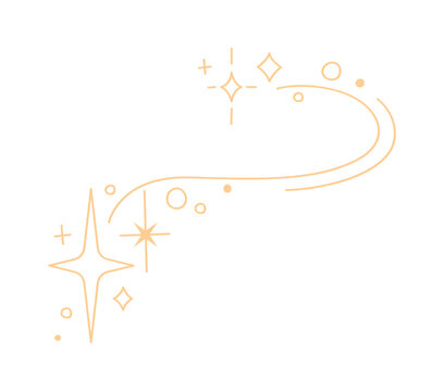 Golden star sparkles and twinkling bursts trace, blink and flash with glitters. Celestial starburst shine with spark shapes. Magic sweeping trail for celebration, wand wish radiance and luminous glow